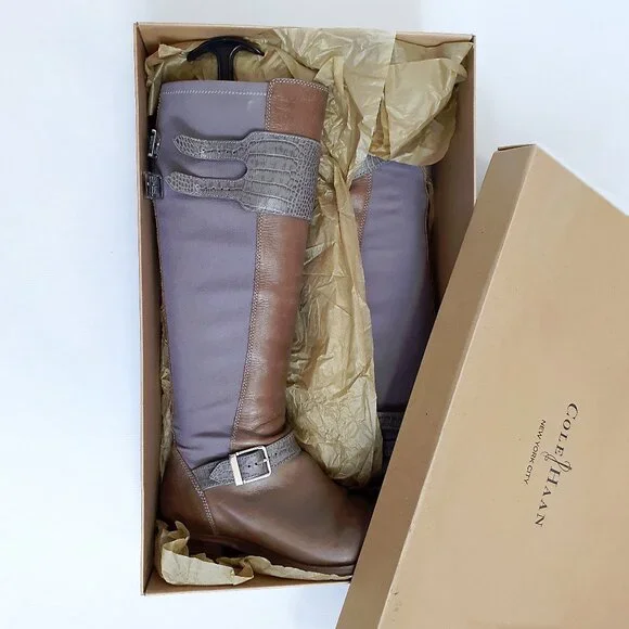 COLE & HAAN Tennley Knee High Buckle Boot in Ironstone Brown & Gray Leather - Picture 13 of 14